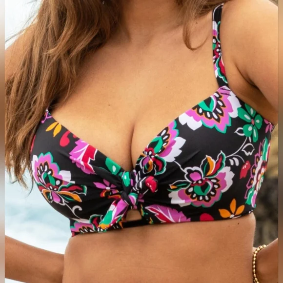 Black Floral Tie-Knot Women's Bikini Top in Multicolor - Picture 1 of 8